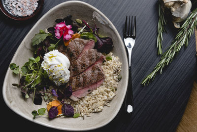 High angle view of meal served on table