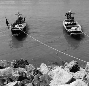 High angle view of boats moored in sea