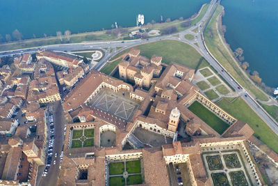 High angle view of buildings against sky