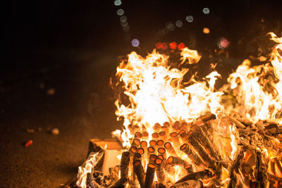 Close-up of bonfire on fire at night