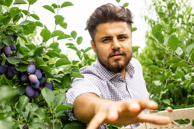 Portrait of man against plants