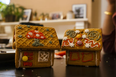 Close-up of christmas decorations on table