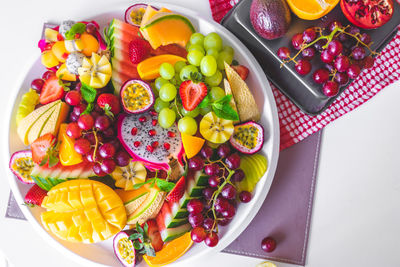 High angle view of fruits in plate on table