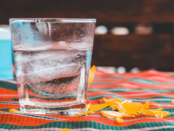 Close-up of beer glass on table