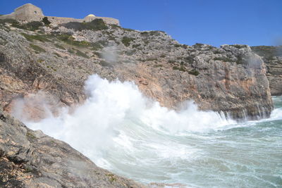 Scenic view of waterfall against clear sky