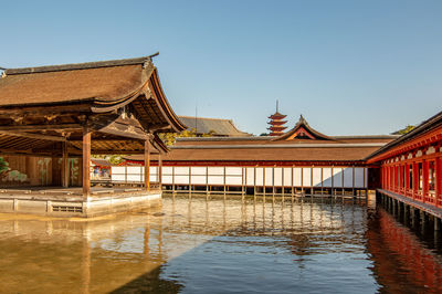 Exterior of building by lake against clear sky