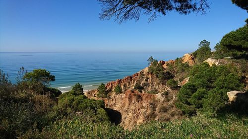 Scenic view of sea against clear blue sky