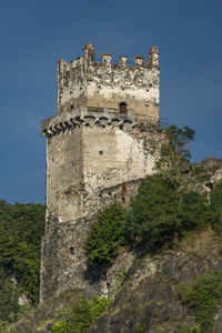 Low angle view of old ruins against clear blue sky