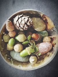 High angle view of fruits in bowl on table