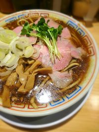 Close-up of soup in bowl on table