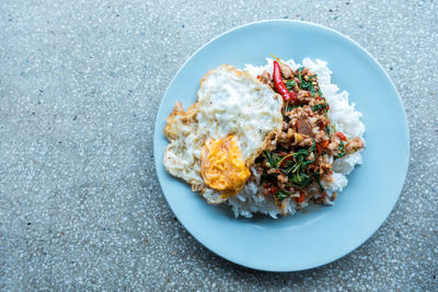 High angle view of breakfast served on table