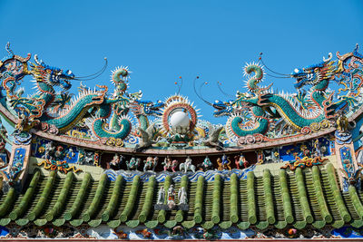 Low angle view of ornate building against clear blue sky