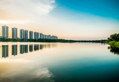 Scenic view of lake against sky during sunset