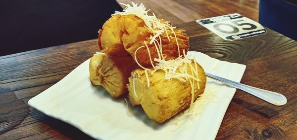 High angle view of food in plate on table