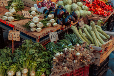 High angle view of vegetables for sale at street market