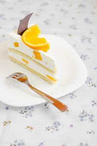 High angle view of cake in plate on table