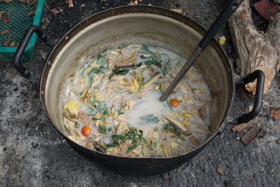 High angle view of soup in container