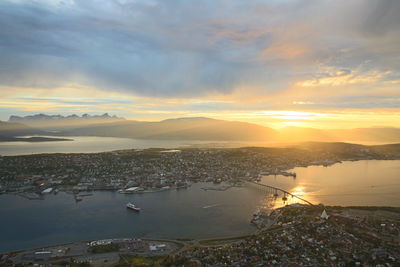 High angle view of sea against sky during sunset