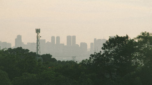 Trees and buildings in city against sky