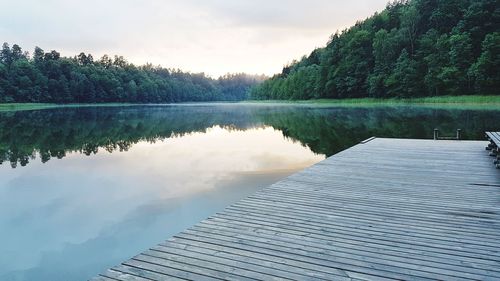 Scenic view of lake by trees against sky