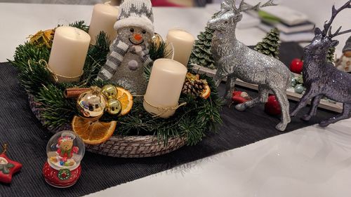 High angle view of christmas decoration on table