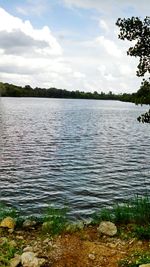 Scenic view of lake against cloudy sky