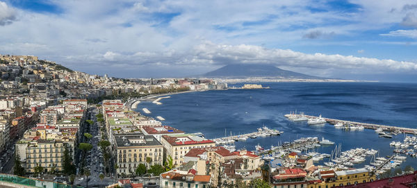 Aerial view of napoli and his gulf with vesuvius in background