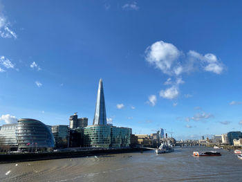 City at waterfront against cloudy sky