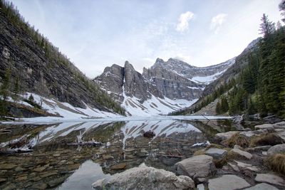 Scenic view of mountains against sky during winter