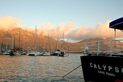 Boats in harbor at sunset