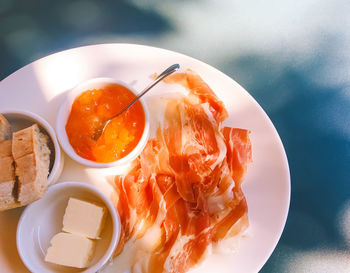 High angle view of breakfast served on table