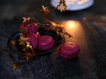 Close-up of purple flowers on table