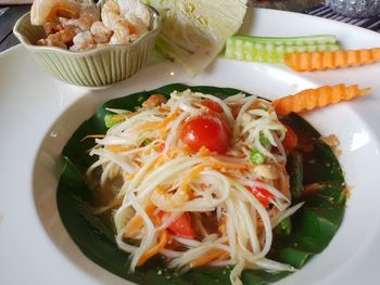 Close-up of pasta served in plate