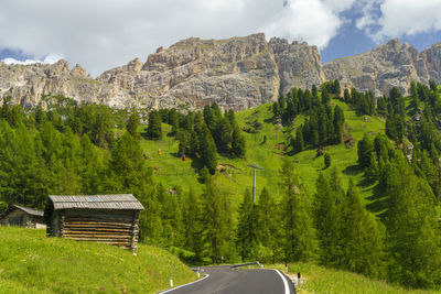 Road amidst trees and mountains against sky