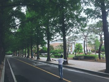 Man on road by trees in city