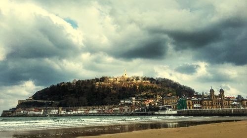 Buildings against cloudy sky