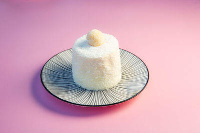 High angle view of dessert on yellow background