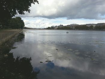 Scenic view of lake against cloudy sky