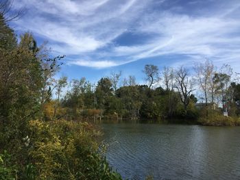 Calm lake surrounded by trees against blue sky