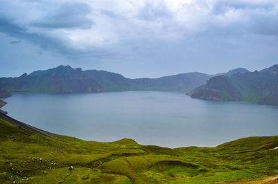 Scenic view of lake and mountains against sky