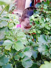 Cute girl against plants