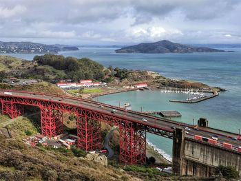 High angle view of bridge over sea against sky
