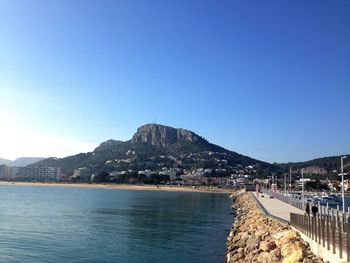 Scenic view of sea and mountains against clear blue sky