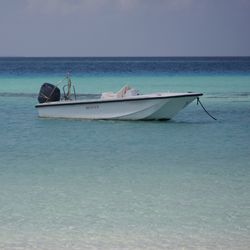 Boat moored in sea against clear sky