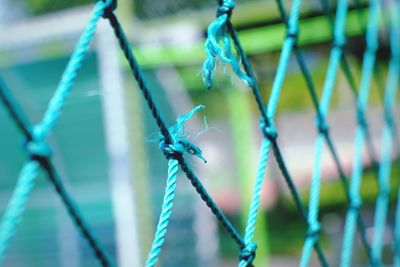 Close-up of rope tied to metal fence