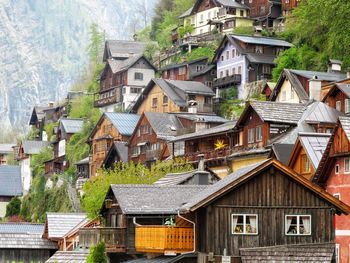 High angle view of houses in city