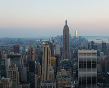 Manhattan city skyscrapers buildings high angle view in new york, usa.