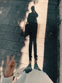 High angle view of people shadow on street