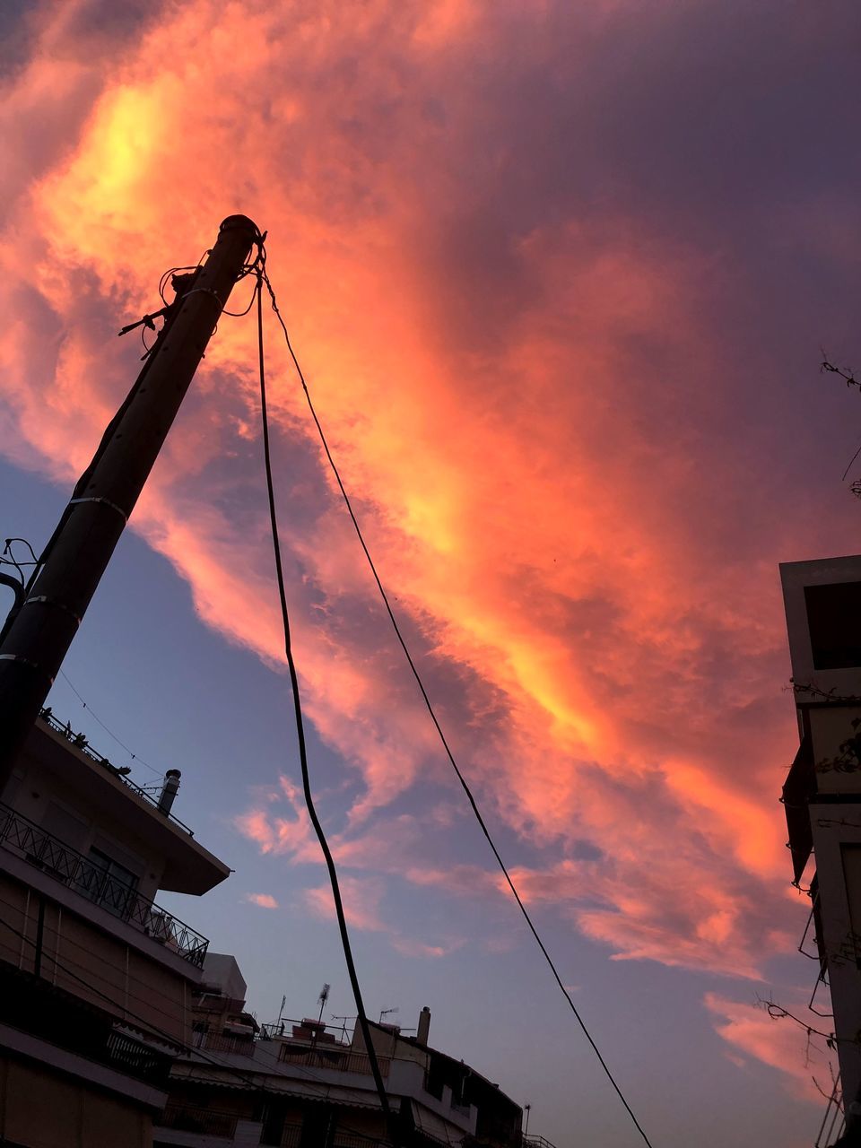 LOW ANGLE VIEW OF SILHOUETTE CRANE AGAINST ORANGE SKY