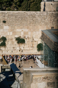 High angle view of people outside building